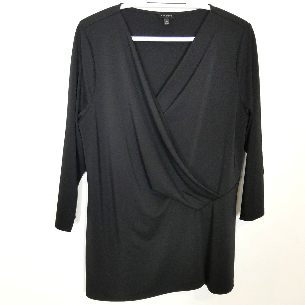 Talbots Women‎ Plus Faux Wrap Blouse Sz 1X Black Long Sleeve Jersey Stretchy